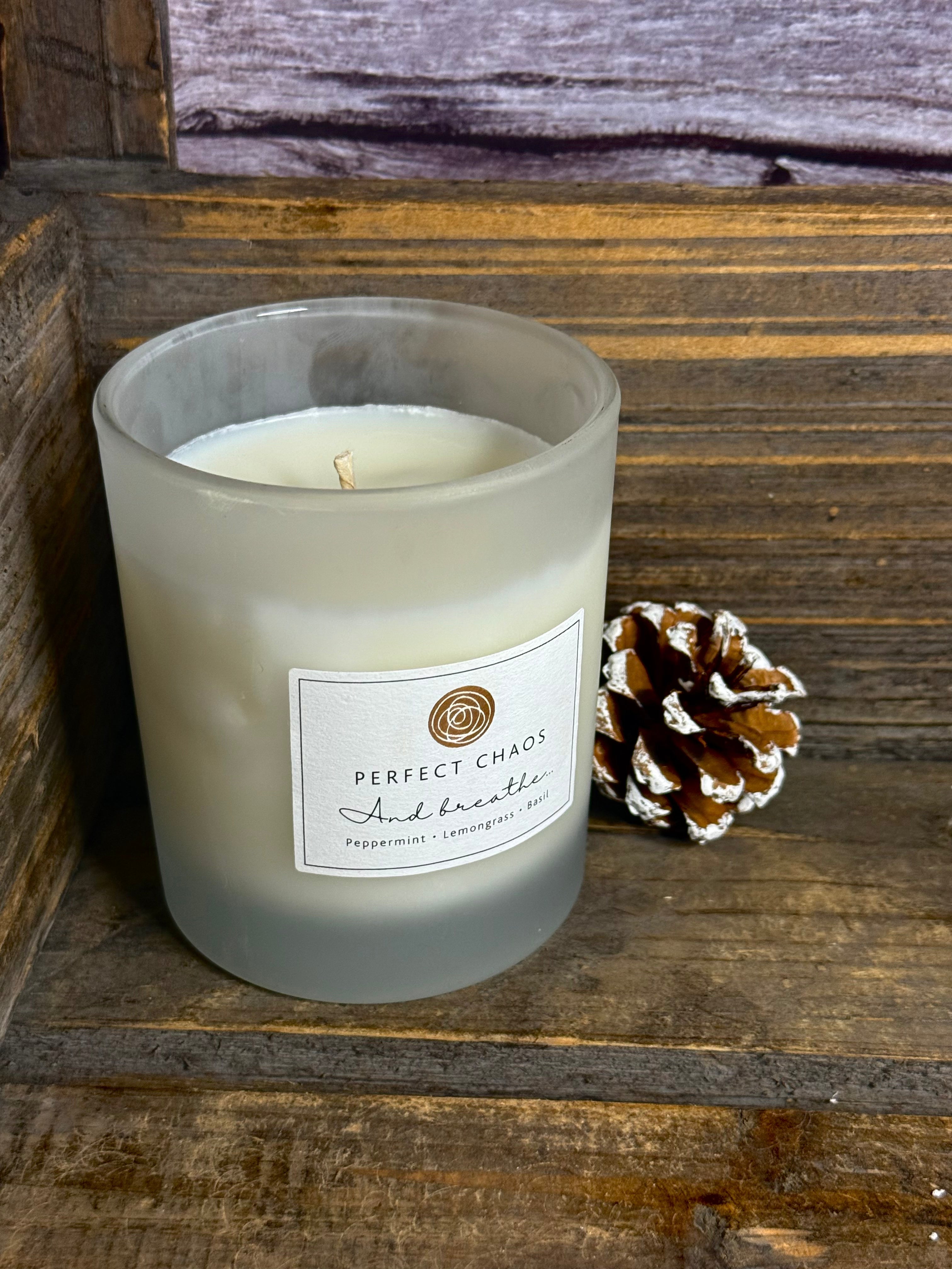 Frosted Glass Candle - And Breathe - Peppermint, Lemongrass and Basil